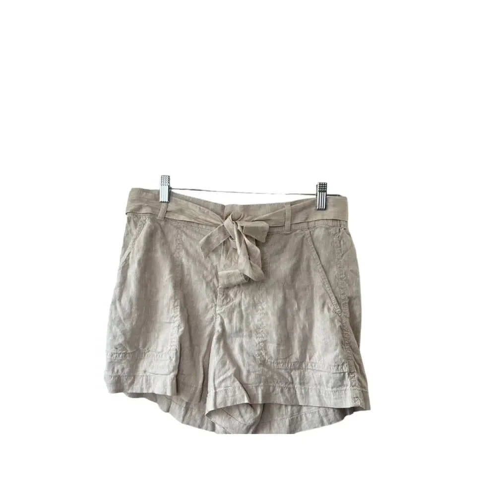 Loft Lou & Grey Beige Oatmeal Tie Front Linen Blend Shorts Women's Size Small